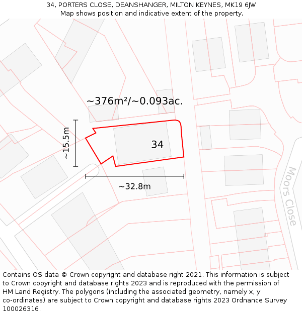 34, PORTERS CLOSE, DEANSHANGER, MILTON KEYNES, MK19 6JW: Plot and title map