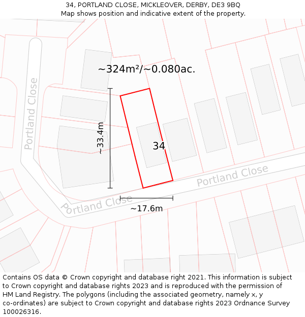 34, PORTLAND CLOSE, MICKLEOVER, DERBY, DE3 9BQ: Plot and title map