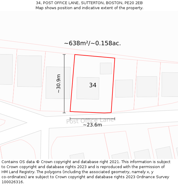 34, POST OFFICE LANE, SUTTERTON, BOSTON, PE20 2EB: Plot and title map