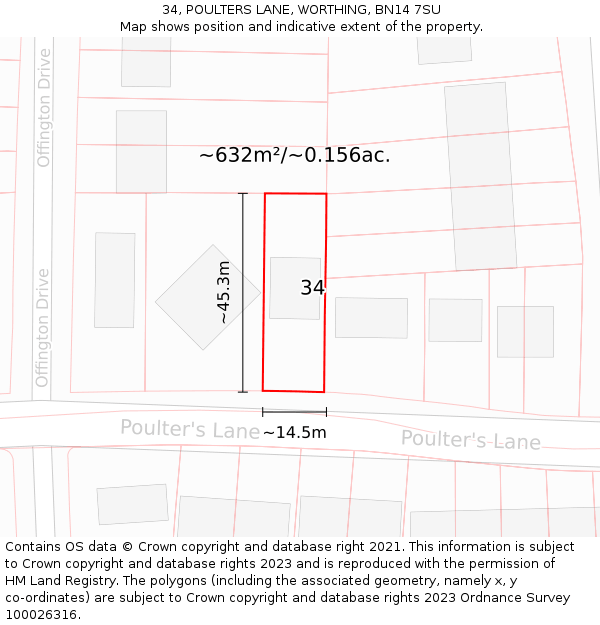 34, POULTERS LANE, WORTHING, BN14 7SU: Plot and title map