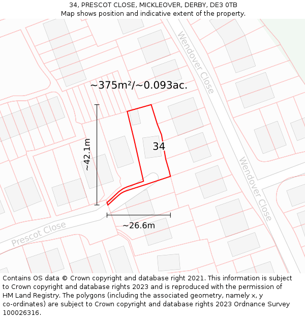 34, PRESCOT CLOSE, MICKLEOVER, DERBY, DE3 0TB: Plot and title map