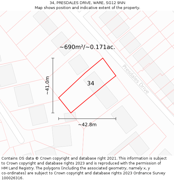 34, PRESDALES DRIVE, WARE, SG12 9NN: Plot and title map