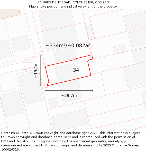 34, PRESIDENT ROAD, COLCHESTER, CO3 9ED: Plot and title map