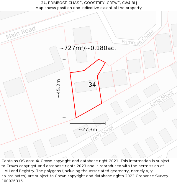 34, PRIMROSE CHASE, GOOSTREY, CREWE, CW4 8LJ: Plot and title map