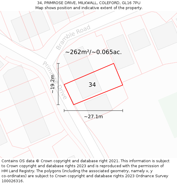 34, PRIMROSE DRIVE, MILKWALL, COLEFORD, GL16 7PU: Plot and title map