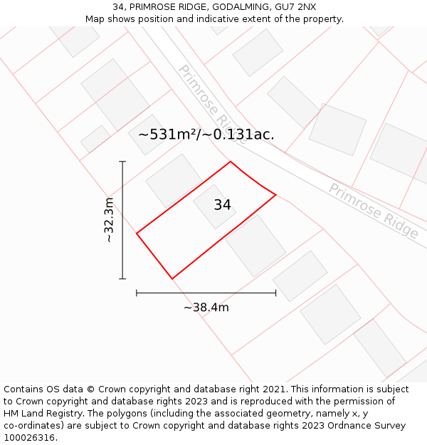 34, PRIMROSE RIDGE, GODALMING, GU7 2NX: Plot and title map