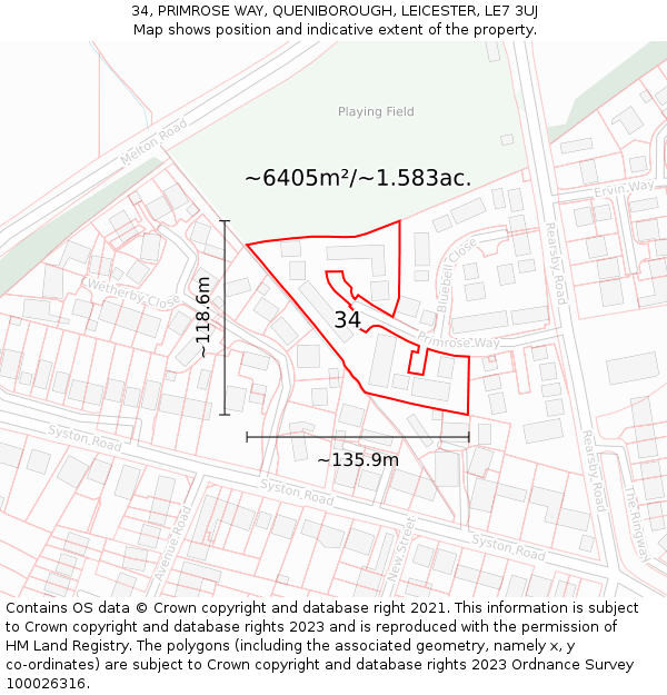 34, PRIMROSE WAY, QUENIBOROUGH, LEICESTER, LE7 3UJ: Plot and title map