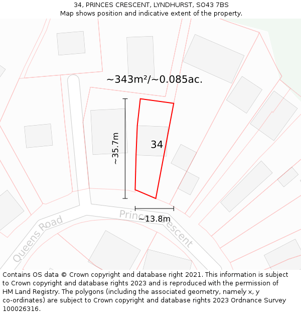 34, PRINCES CRESCENT, LYNDHURST, SO43 7BS: Plot and title map