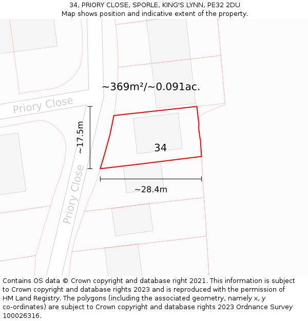 34, PRIORY CLOSE, SPORLE, KING'S LYNN, PE32 2DU: Plot and title map