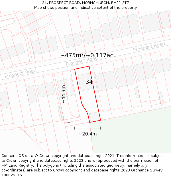 34, PROSPECT ROAD, HORNCHURCH, RM11 3TZ: Plot and title map