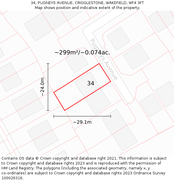 34, PUGNEYS AVENUE, CRIGGLESTONE, WAKEFIELD, WF4 3FT: Plot and title map
