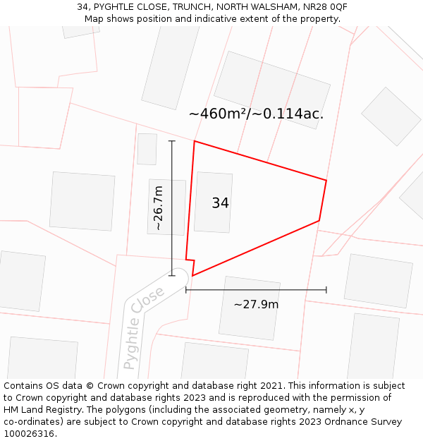 34, PYGHTLE CLOSE, TRUNCH, NORTH WALSHAM, NR28 0QF: Plot and title map