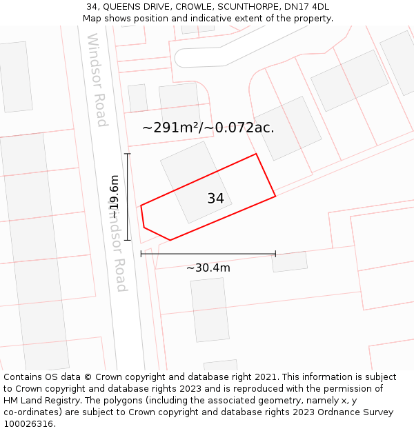 34, QUEENS DRIVE, CROWLE, SCUNTHORPE, DN17 4DL: Plot and title map