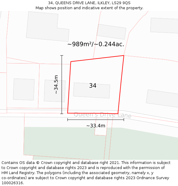 34, QUEENS DRIVE LANE, ILKLEY, LS29 9QS: Plot and title map
