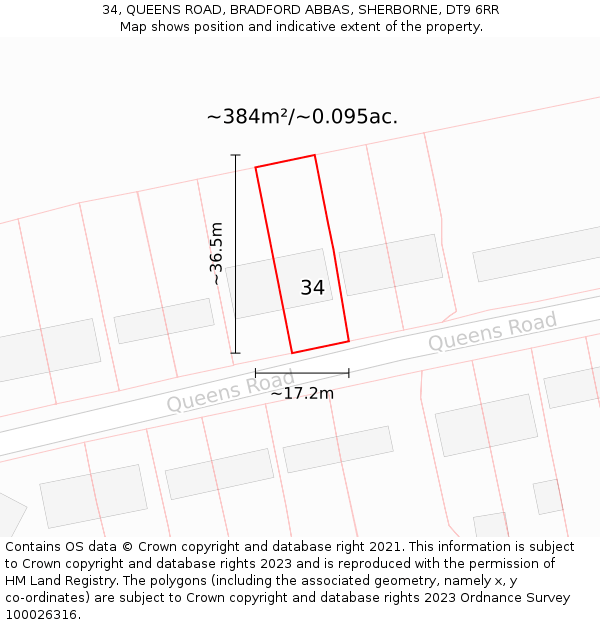 34, QUEENS ROAD, BRADFORD ABBAS, SHERBORNE, DT9 6RR: Plot and title map