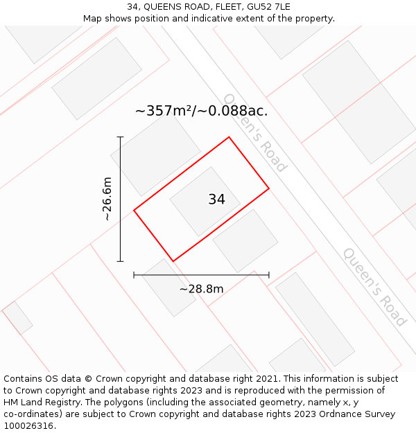 34, QUEENS ROAD, FLEET, GU52 7LE: Plot and title map