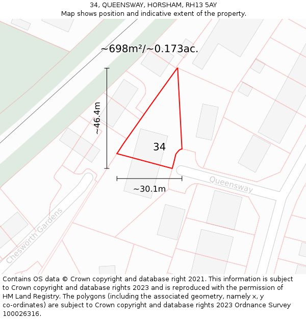 34, QUEENSWAY, HORSHAM, RH13 5AY: Plot and title map