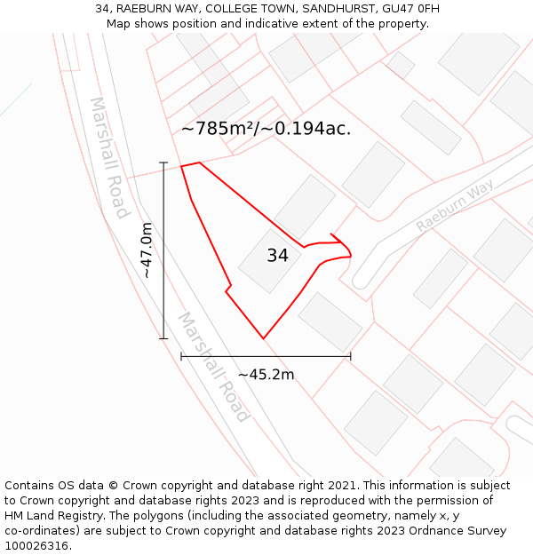 34, RAEBURN WAY, COLLEGE TOWN, SANDHURST, GU47 0FH: Plot and title map