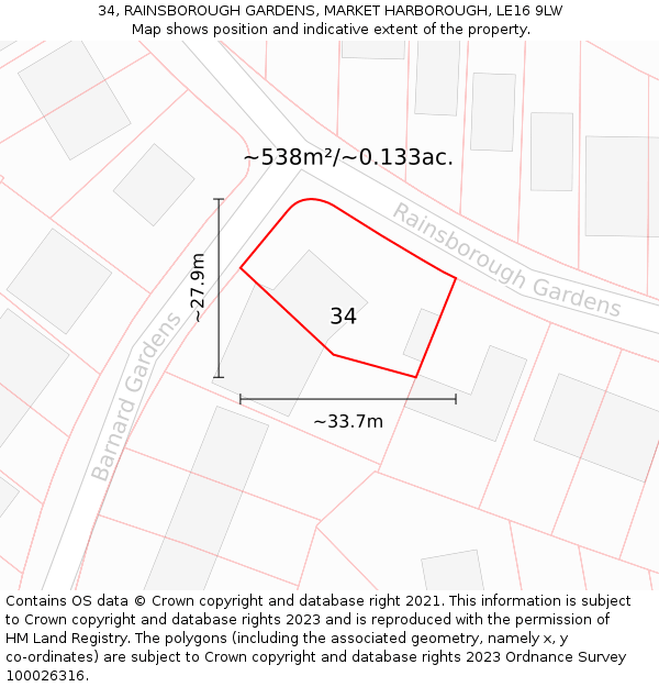 34, RAINSBOROUGH GARDENS, MARKET HARBOROUGH, LE16 9LW: Plot and title map