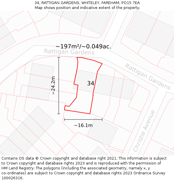 34, RATTIGAN GARDENS, WHITELEY, FAREHAM, PO15 7EA: Plot and title map