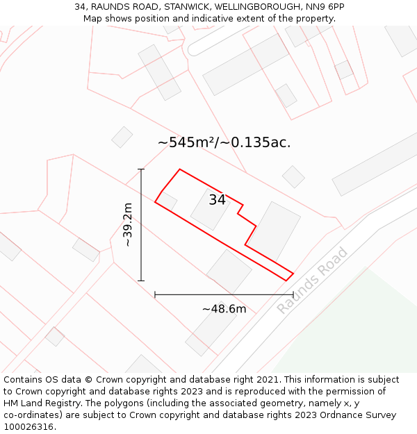 34, RAUNDS ROAD, STANWICK, WELLINGBOROUGH, NN9 6PP: Plot and title map
