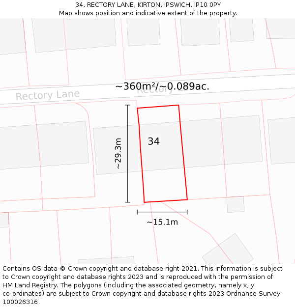 34, RECTORY LANE, KIRTON, IPSWICH, IP10 0PY: Plot and title map