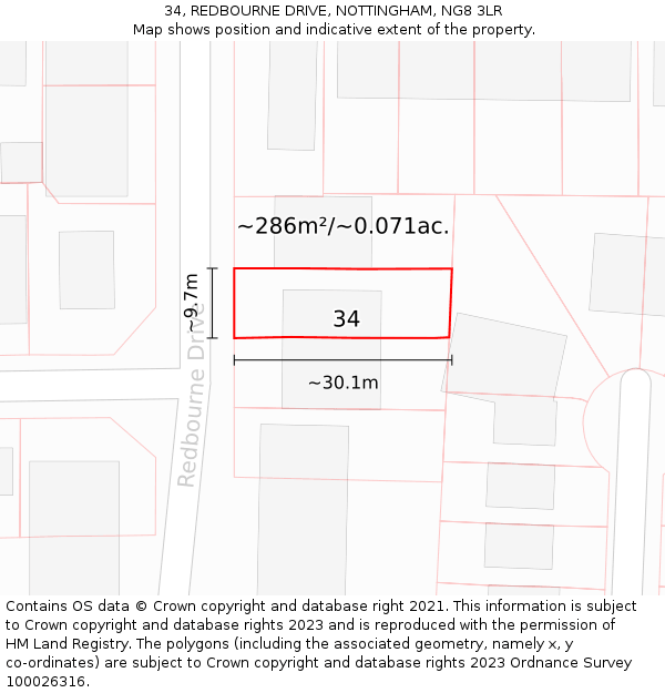 34, REDBOURNE DRIVE, NOTTINGHAM, NG8 3LR: Plot and title map