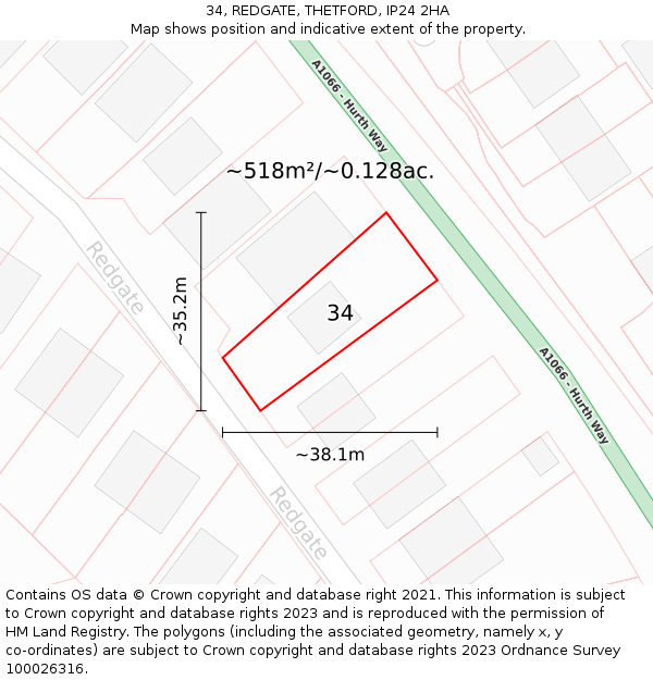 34, REDGATE, THETFORD, IP24 2HA: Plot and title map