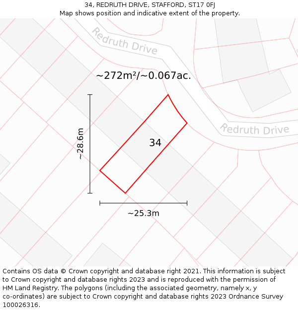 34, REDRUTH DRIVE, STAFFORD, ST17 0FJ: Plot and title map