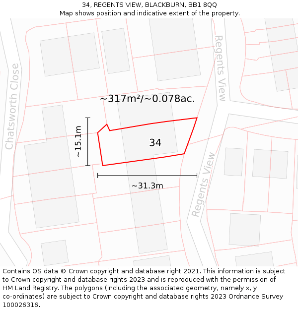 34, REGENTS VIEW, BLACKBURN, BB1 8QQ: Plot and title map