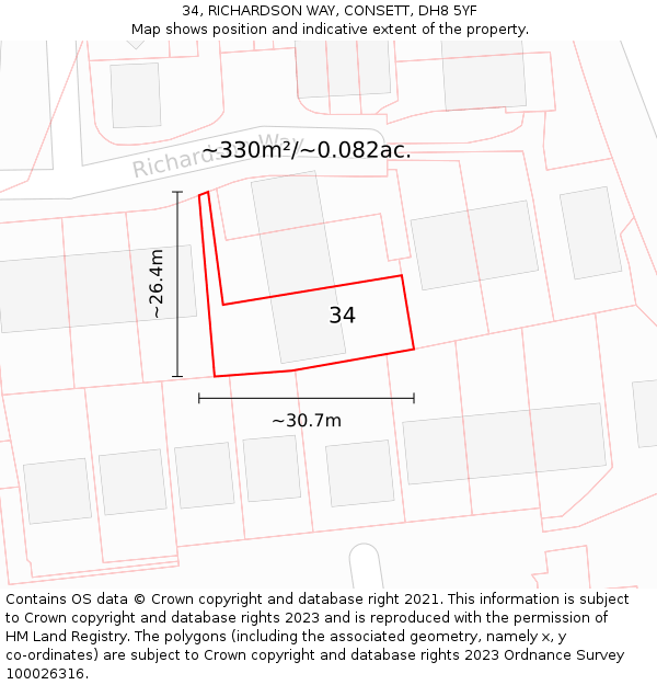 34, RICHARDSON WAY, CONSETT, DH8 5YF: Plot and title map