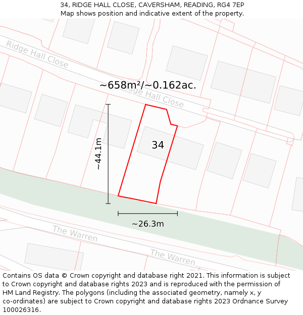 34, RIDGE HALL CLOSE, CAVERSHAM, READING, RG4 7EP: Plot and title map