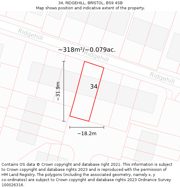 34, RIDGEHILL, BRISTOL, BS9 4SB: Plot and title map