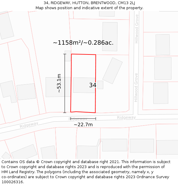 34, RIDGEWAY, HUTTON, BRENTWOOD, CM13 2LJ: Plot and title map
