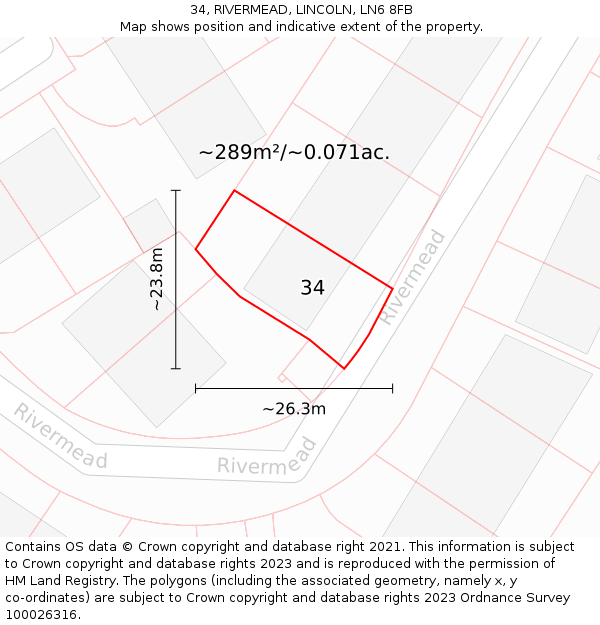 34, RIVERMEAD, LINCOLN, LN6 8FB: Plot and title map