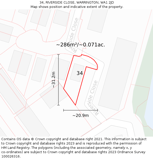 34, RIVERSIDE CLOSE, WARRINGTON, WA1 2JD: Plot and title map