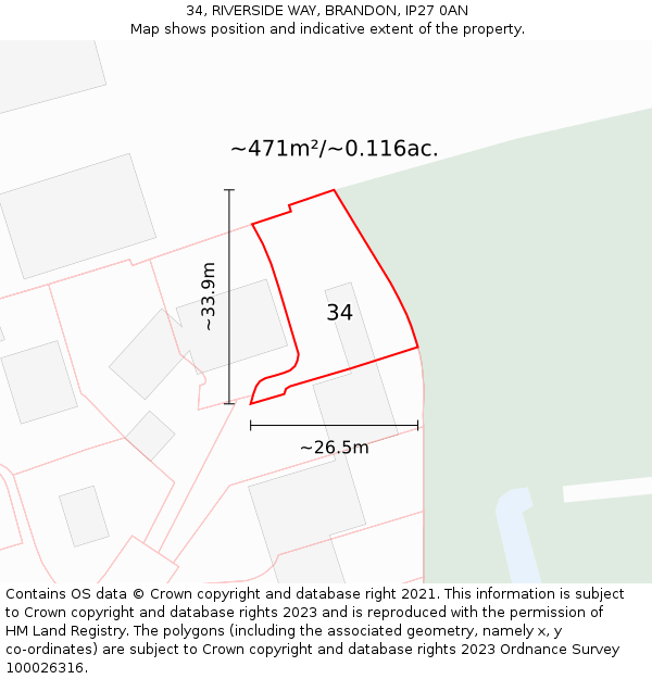 34, RIVERSIDE WAY, BRANDON, IP27 0AN: Plot and title map
