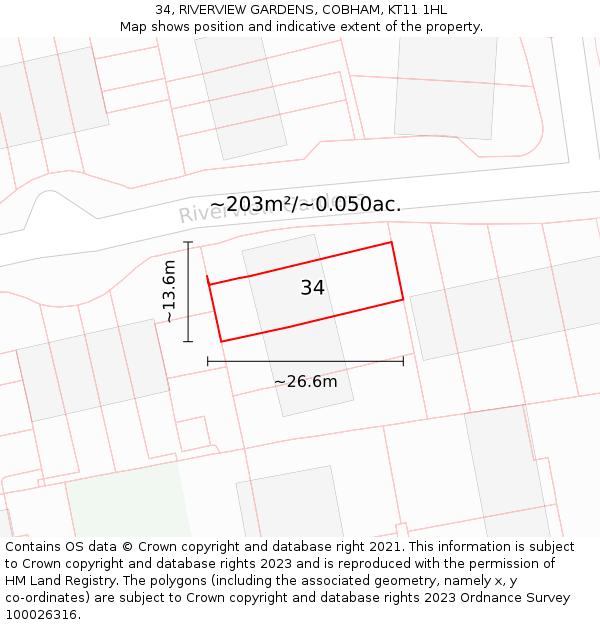 34, RIVERVIEW GARDENS, COBHAM, KT11 1HL: Plot and title map