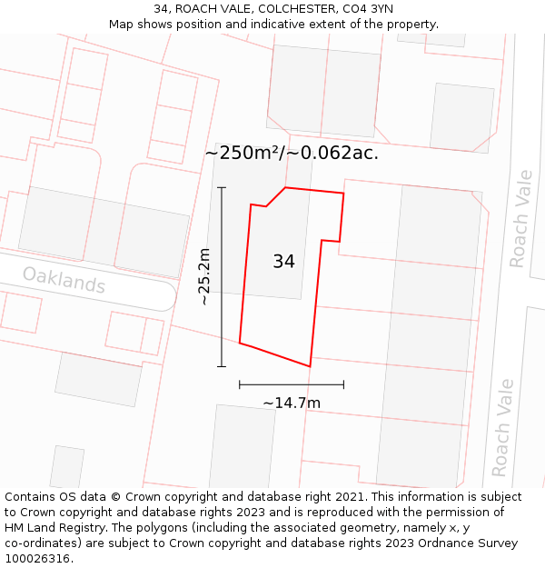 34, ROACH VALE, COLCHESTER, CO4 3YN: Plot and title map