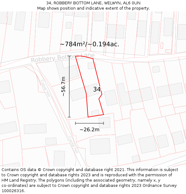 34, ROBBERY BOTTOM LANE, WELWYN, AL6 0UN: Plot and title map