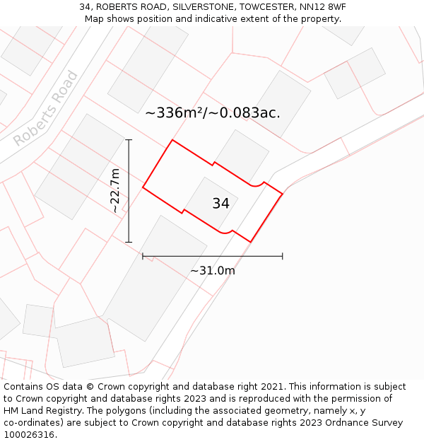 34, ROBERTS ROAD, SILVERSTONE, TOWCESTER, NN12 8WF: Plot and title map