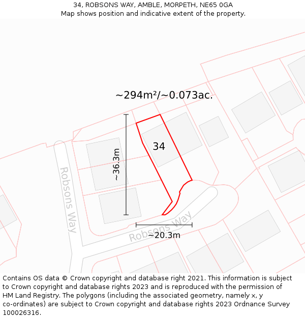 34, ROBSONS WAY, AMBLE, MORPETH, NE65 0GA: Plot and title map