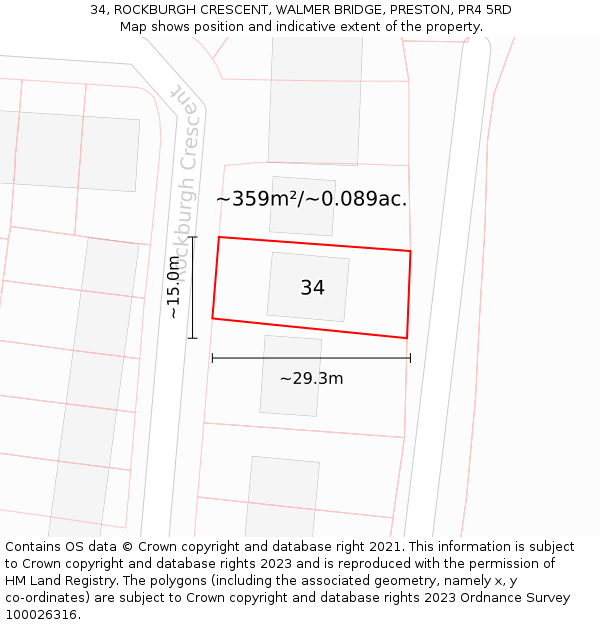 34, ROCKBURGH CRESCENT, WALMER BRIDGE, PRESTON, PR4 5RD: Plot and title map