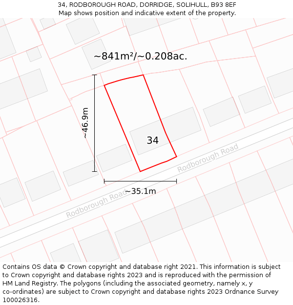 34, RODBOROUGH ROAD, DORRIDGE, SOLIHULL, B93 8EF: Plot and title map