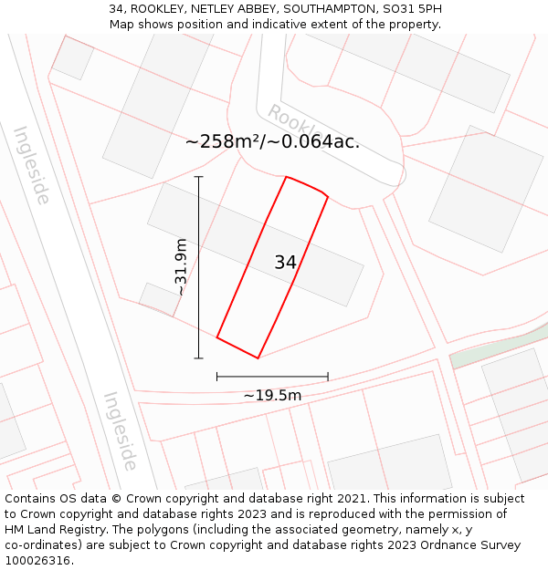 34, ROOKLEY, NETLEY ABBEY, SOUTHAMPTON, SO31 5PH: Plot and title map