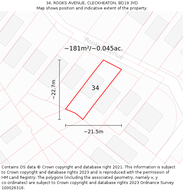 34, ROOKS AVENUE, CLECKHEATON, BD19 3YD: Plot and title map