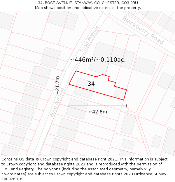 34, ROSE AVENUE, STANWAY, COLCHESTER, CO3 0RU: Plot and title map