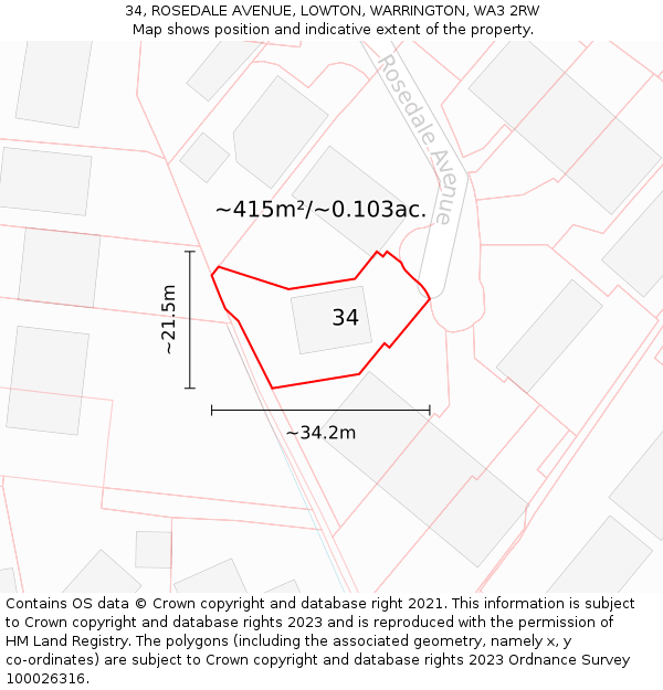 34, ROSEDALE AVENUE, LOWTON, WARRINGTON, WA3 2RW: Plot and title map