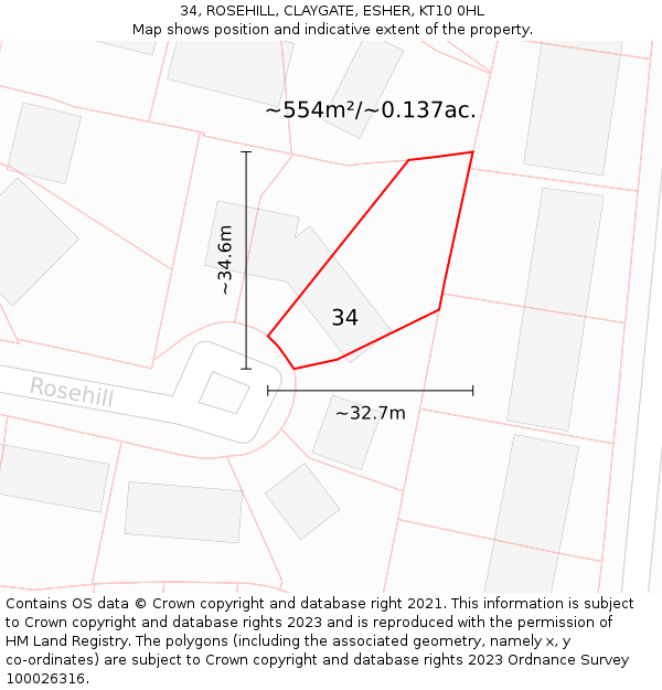 34, ROSEHILL, CLAYGATE, ESHER, KT10 0HL: Plot and title map