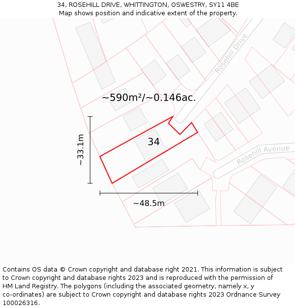 34, ROSEHILL DRIVE, WHITTINGTON, OSWESTRY, SY11 4BE: Plot and title map